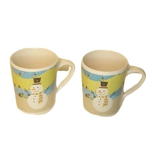 Snowman Coffee Mugs Set of 2 Large 16oz White Blue Green Ceramic - Picture 1 of 4